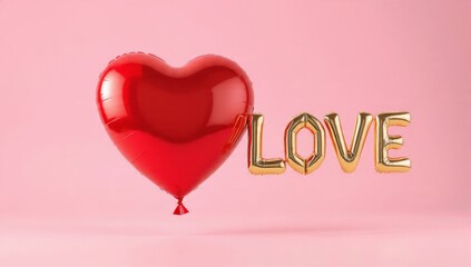 Premium 3D render of glossy red heart balloon and gold LOVE text