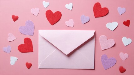 Romantic flat lay with envelope and hearts for Valentine's Day