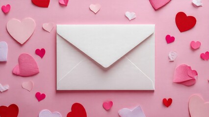 Love letter envelope with paper craft hearts on pink background