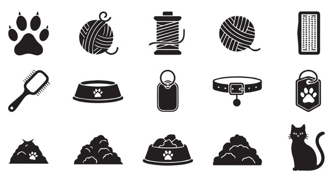 Collection of black and white pet care icons including animals, food, grooming tools, and accessories on Transparent Background.