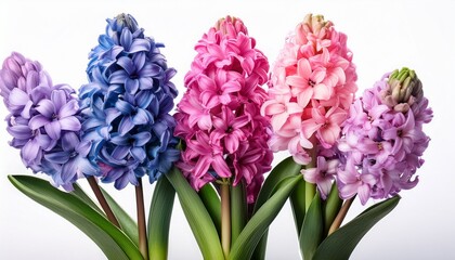 Fototapeta premium Hyacinth Flowers With Stem And Leaves In Pink Purple And Blue Colors Photography Isolated On White Background