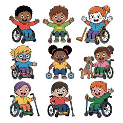A diverse group of happy children with disabilities in wheelchairs and with mobility aids.