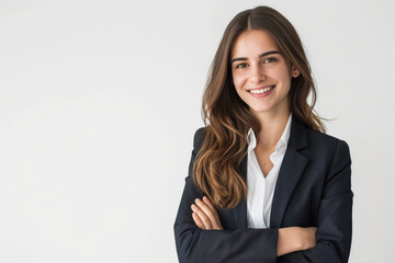 Fototapeta premium Portrait of cheerful young businesswoman with long brown hair smiling with arms crossed