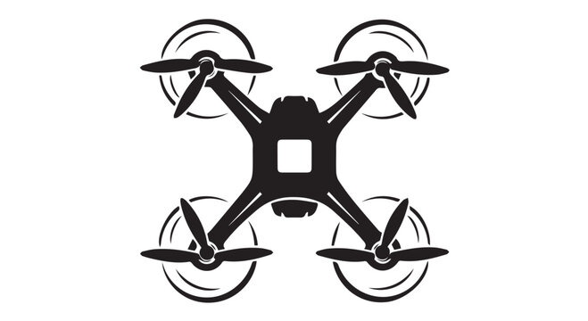 Black silhouette of a quadcopter drone with rotating propellers on a Transparent Background, symbolizing modern technology and aerial innovation.