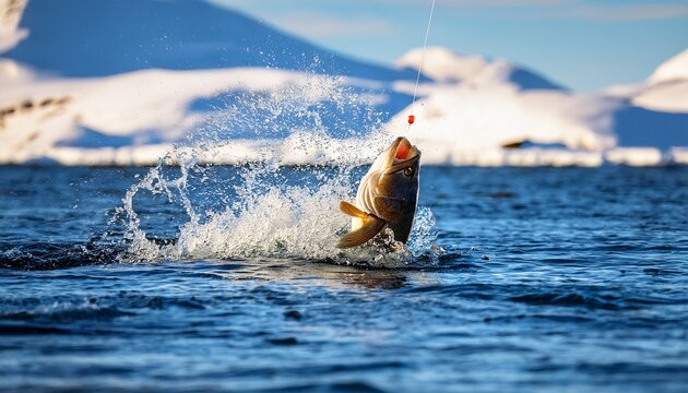 A Sizeable Atlantic Skrei Cod Fighting In The Water Caught With Softball Jig On A Sunny March Day In Finnmark Norway
