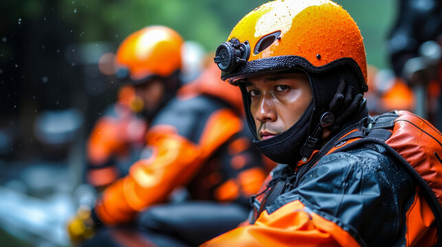 A group of people wearing orange and black jackets and helmets