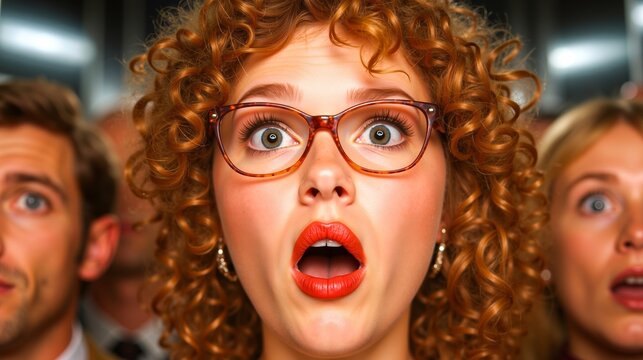 A woman with red hair and glasses looking up at the camera