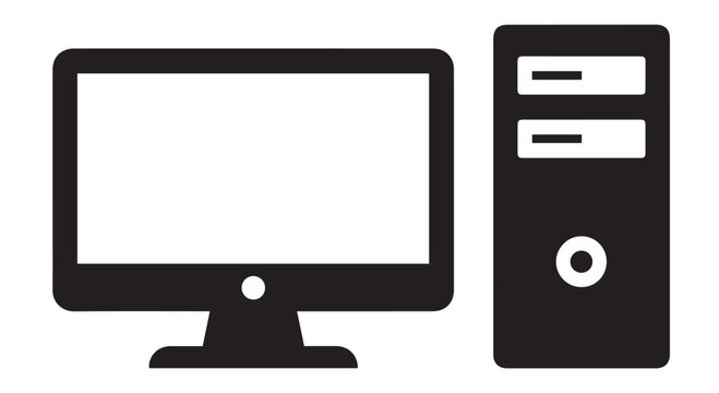 Black computer monitor and tower icon on Transparent Background, symbolizing technology and computing.