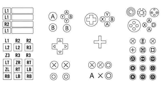 A collection of various gaming controller buttons and symbols, including directional pads, face buttons, and other interface elements.