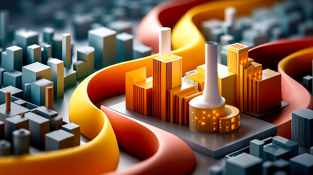 A 3D rendering of a city with a factory in the middle of it