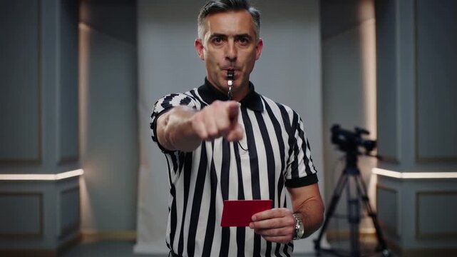 Arbitre de football montrant un carton rouge face cam&eacute;ra