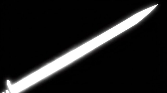 A luminous white sword glides across a black backdrop, with bright, shining, sharp blade