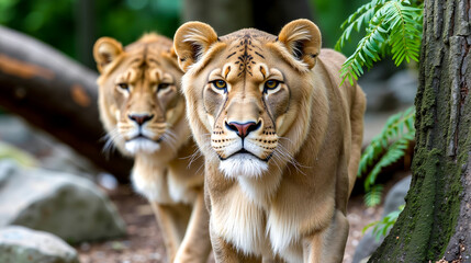 Fototapeta premium Two lions walking in the forest