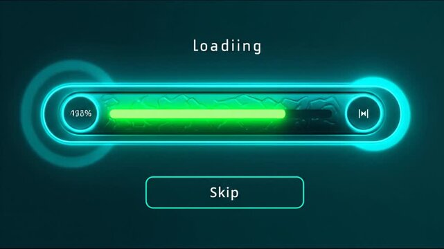 Glowing teal interface depicting a loading progress bar, pause/next buttons, and a skip option