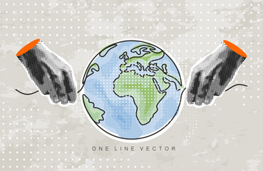 World Earth day halftone collage. Trendy halftone collage hands hold  continuous one line globe. Concept of protection the Earth with human hands. 22 april. Vector design.	