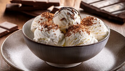 Delicious Vanilla Ice Cream Scoops With Chocolate And Whipped Cream In Bowl