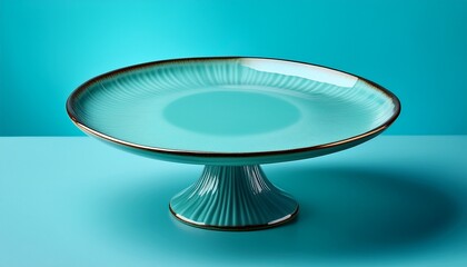 Turquoise Cake Stand With Pedestal Modern Ceramic Serving Plate Isolated On Blue Background