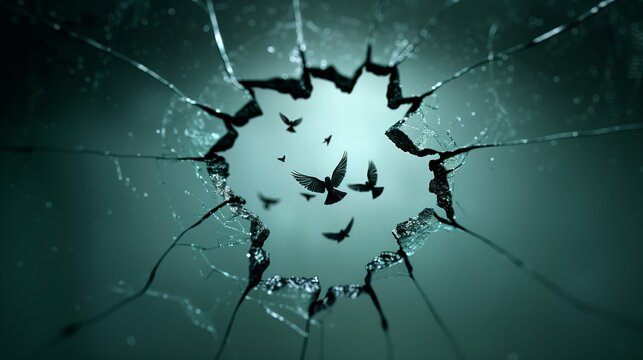 Birds fleeing chaos. Movement captured as shadows break free through fractured glass