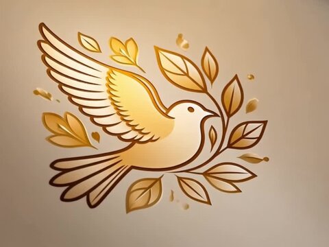 Golden Dove of Peace with Olive Branch and Autumn Leaves &ndash; Minimalist Vector Illustration