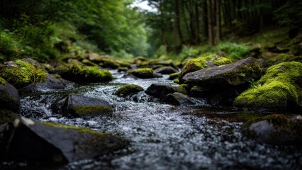 Obraz premium Forest Stream with Mossy Rocks