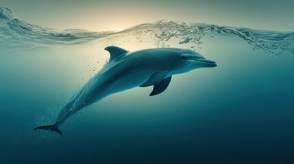Obraz premium Dolphin Swims Toward Open Horizon Line Representing Future and Optimism With a Minimal Composition Highlighting Freedom and Hopefulness