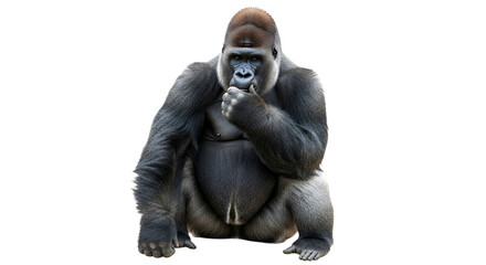 Powerful silverback gorilla sitting and contemplating, isolated on transparent background © Jisanur