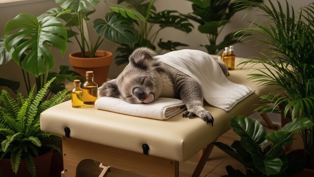 Koala Relaxing on Massage Table with Plants.