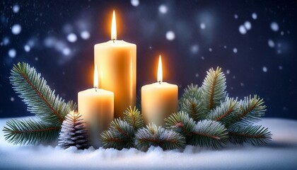 Fir Branches With Three Burning Candles Against Dark Grey Background Candles Snowy Winter