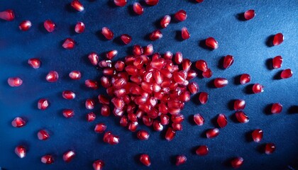 Isolated Glistening Red Pomegranate Seeds Scattered Against A Deep Indigo Abstract Background
