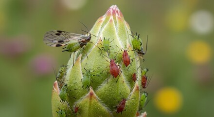 Aphids on plant bud, with a beneficial predatory insect on fresh green foliage. Many green and red aphids on plant stem, feeding new growth, posing threat to garden health.
