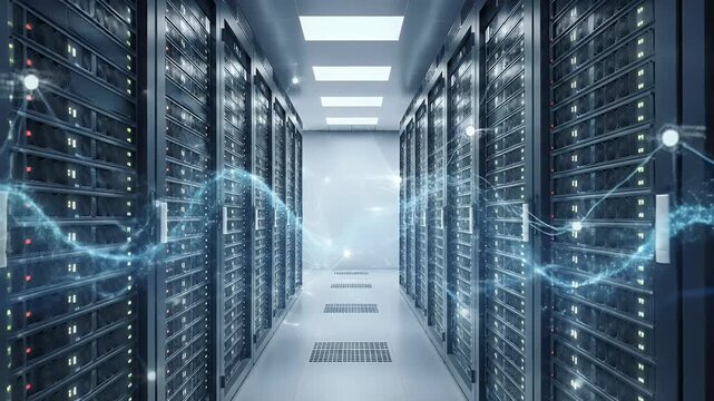 Futuristic Data Center Servers with Neon Blue Flow.