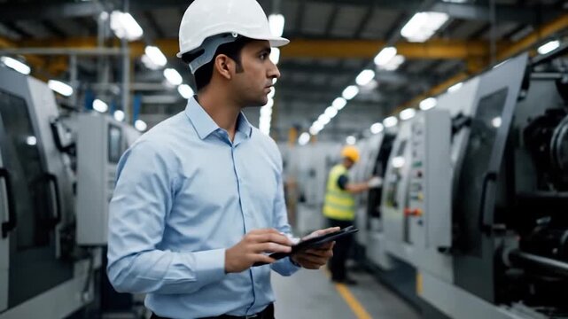A man in a hard hat uses a tablet in a factory; other workers operate machinery