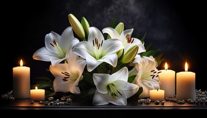 Mourning Flowers White Lilies And Candles On A Dark Background In The Form Of A Bouquet For Condolences Generated By Ai