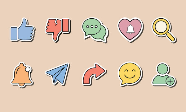 Chat, Like, Notification Social Media  UI Icons Pack in Flat Sticker Style 