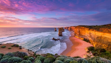 Serene Sunset Paints The Twelve Apostles In Breathtaking Pink And Purple Hues A Tranquil Coastal Masterpiece Under A Soft Sky
