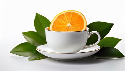 White Teacup With Orange Slice And Green Leaves Citrus