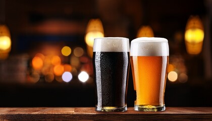 Glasses Of Light And Dark Beer On A Pub Background
