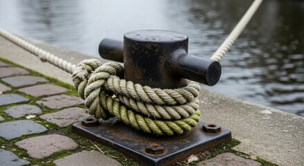 Fototapeta premium Mooring rope securely tied to bollard on concrete dockside. Strong nautical mooring rope knot holds boat near tranquil water surface. Mooring rope symbolizes safety, maritime industry,