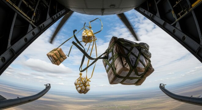 Air cargo drop showing multiple supply bundles descending from open aircraft bay. Cargo drop operation executed from military transport plane high above arid terrain, delivering vital aid.
