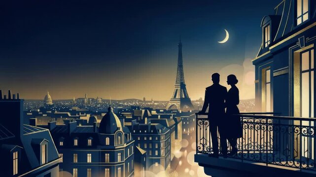 Romantic man and woman watching eiffel tower at night from a balcony. Couple on a date looking at paris city view at dusk. Valentines day.