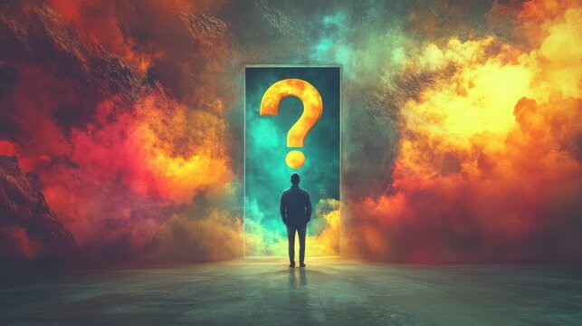 Man facing a question mark door in a surreal, smoky landscape.
