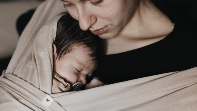 Close-up of a mother holding her sleeping infant in a beige fabric sling. The baby is tucked against the mother's chest, wearing a pacifier. Static indoor shot.