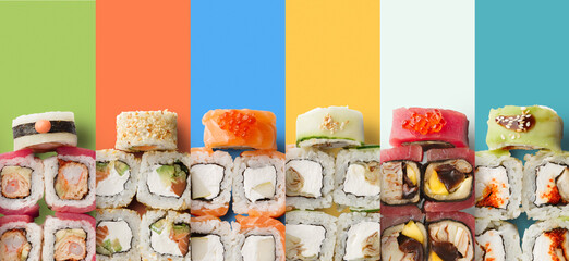 Sushi rolls are neatly lined up on a colorful backdrop. Different types of sushi feature various...