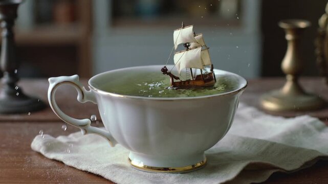 Voilier miniature naviguant dans une tasse de th&eacute; verte