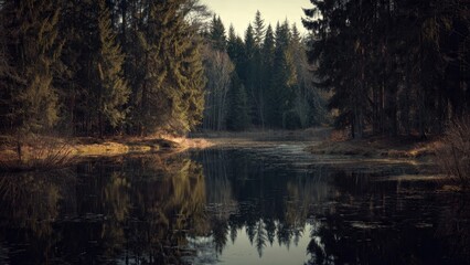 Serene forest pond reflecting trees