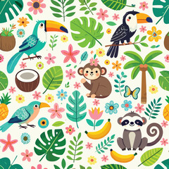 Tropical Jungle Botanical Leaves Nature Birds Tropic Sun Animals Toucan Monkey Palm Tree Coconut Leaf Banana Vector Print Design © Karena McWhirter
