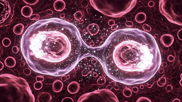 Microscopic cell division in bright pink plasma animation.