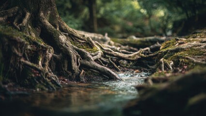 Tree roots on riverbank in serene forest