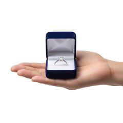Hand Holding Open Blue Velvet Box with Diamond Engagement Ring