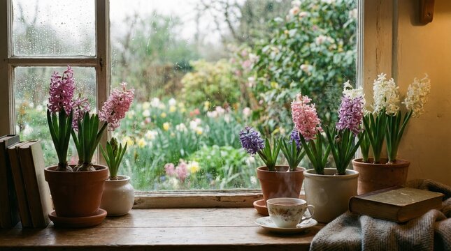 Cozy windowsill with hyacinth pots, raindrops on glass, blurred spring garden outside. Relaxation at home during rainy weather.